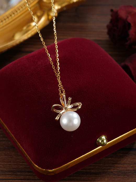 子佩集【华彩结缘】银S925珍珠惜王妃套链【P2083】9.5mm珠镀金丝带花朵2601 商品图4