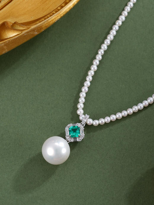 子佩集【绿境之梦】银S925珍珠惜王妃项链【ZZXL035】2.8mm小珠12mm大珠绿方块2601 商品图3
