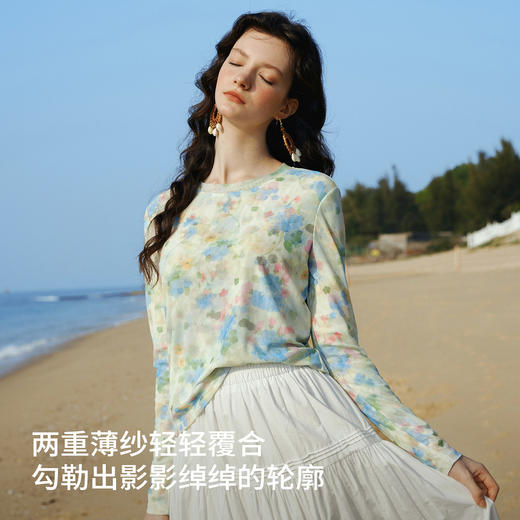 OLrain欧芮儿2026新款女春浪漫度假定染印花网纱长袖T恤圆领上衣 商品图1