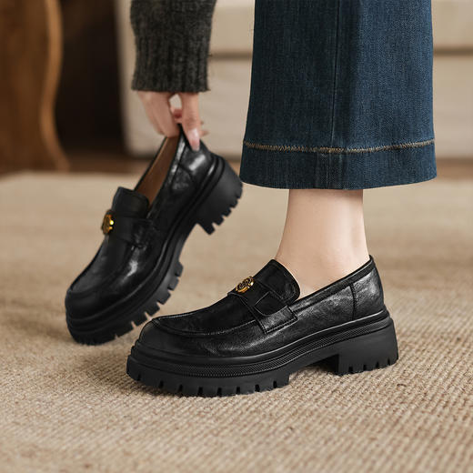 阿么手工女鞋英伦风厚底乐福鞋女增高百搭山茶花扣复古小皮鞋5CM 商品图2