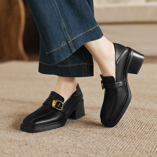 阿么手工女鞋纯色粗跟春季乐福鞋洋气一脚蹬软底真皮方头单鞋6CM 商品图1