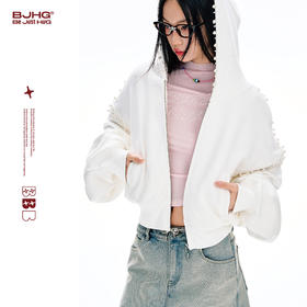 FTT FlyTheTruth 珍珠花边卫衣女春季纯棉收腰上衣连帽休闲短外套