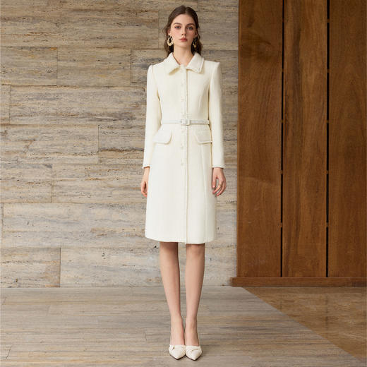 IWY/小香风米白色羊毛连衣裙女收腰排扣高级感气质通勤职业装25Q907 商品图3