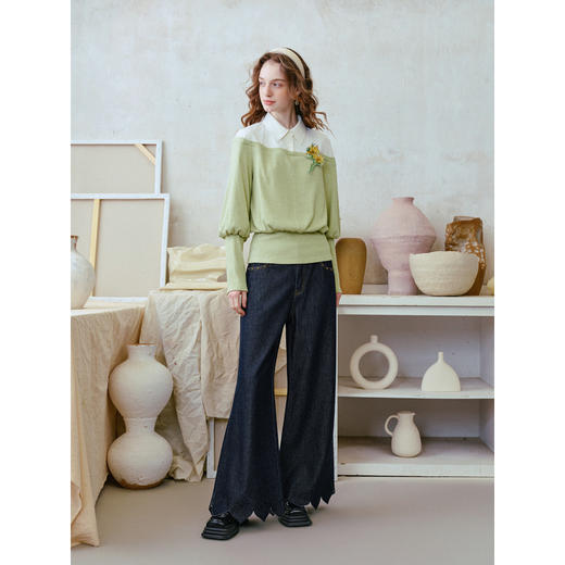 两三事深海剪影2026春新款做旧毛边裤脚口钉珠蝴蝶结阔腿牛仔裤女 商品图1