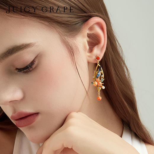 Juicy Grape首饰套装轻奢小众珐琅项链手链耳环戒指新年生日礼物 雀柿呈祥-喜上枝头耳环 商品图1