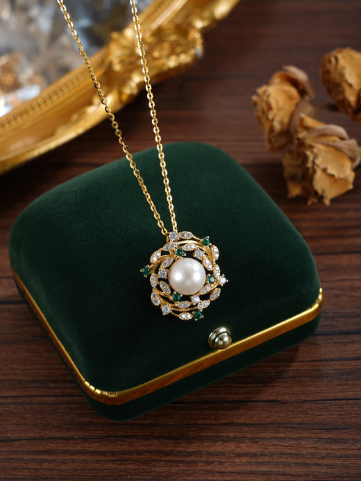 子佩集【幻彩花环】银S925珍珠惜王妃套链【YP0087A】8.5mm珠镀金绿点花绕2601 商品图2