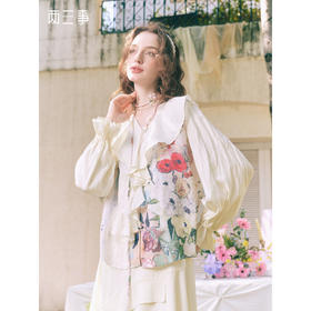 两三事临风明夏2026春新款荷叶边领立体花腰绳绑带两件套雪纺衫女