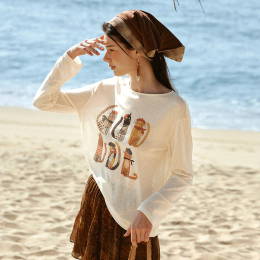 OLrain欧芮儿2026新款女夏宽松休闲猫咪印花天丝长袖T恤圆领上衣 商品图3