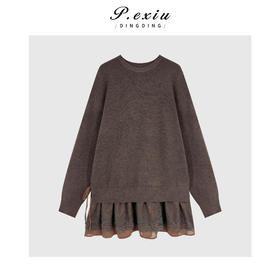 PanYiXiu/潘依绣超细羊毛慵懒风蕾丝拼接层次感圆领长袖针织上衣D443