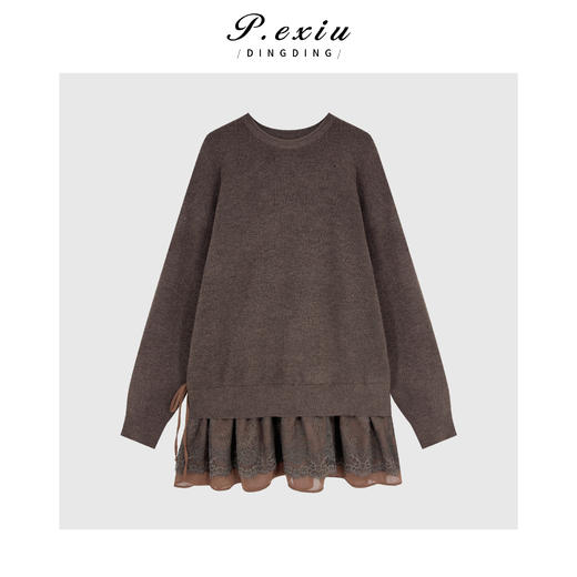 PanYiXiu/潘依绣超细羊毛慵懒风蕾丝拼接层次感圆领长袖针织上衣D443 商品图0