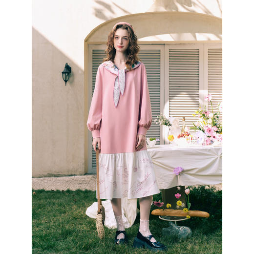 两三事梵高文艺落樱吹雪2026春新款印花绑带海军蓝拼布裙摆连衣裙 商品图3