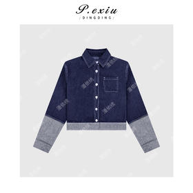 04-6潘依绣丁丁宠粉韩系重工撞色拼接翻领长袖牛仔外套Q46894