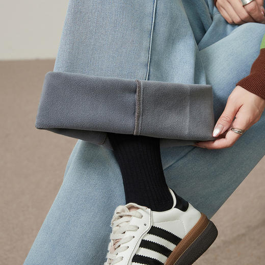 【浅蓝色-加绒-阔腿】逸阳冬加绒加厚抗寒保暖宽松直筒牛仔长裤7329 商品图4