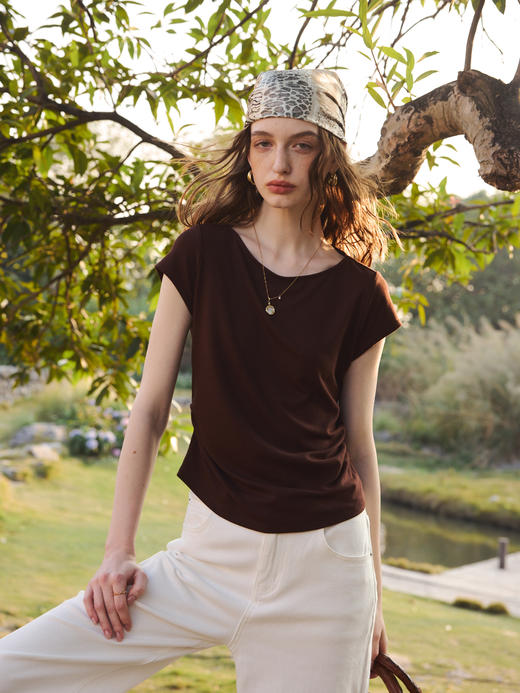 OLrain欧芮儿2026夏季咖色T恤修身收腰显瘦上衣 商品图2