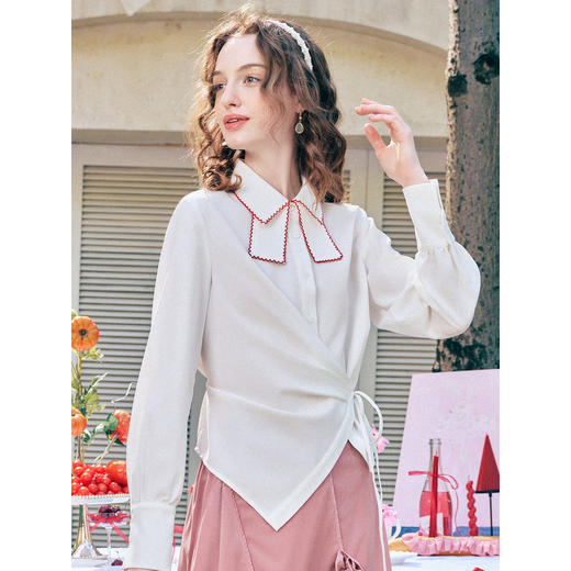 两三事轻风叙写2026春季新款甜美蝴蝶结绣边翻领绑带白衬衫女 商品图2
