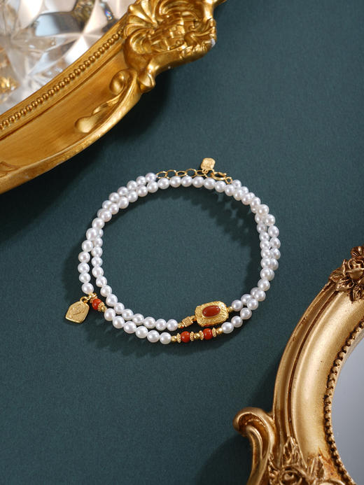 子佩集【福蕴长华】银S925珍珠惜王妃手链【QNS0007】3mm珠镀金南红方块2601 商品图8