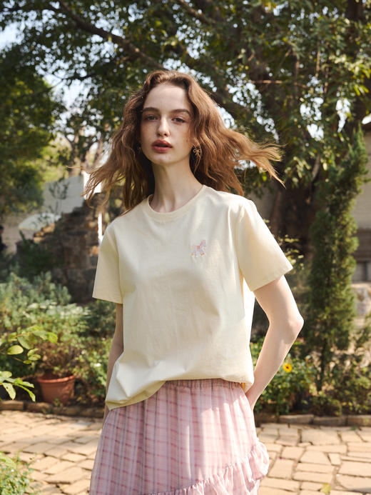 OLrain欧芮儿2026米黄色T恤夏季宽松百搭休闲上衣 商品图1