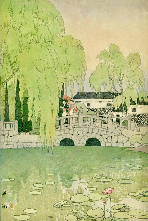 独角鹿西洋古董1926年日本大正时代著名新版画大师吉田博作品《柳与石桥》 商品图2