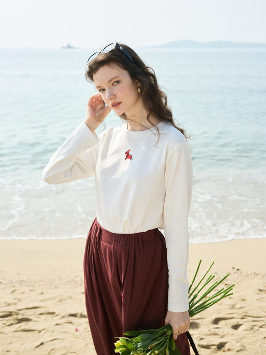 OLrain欧芮儿2026春米白色简约休闲长袖T恤圆领 商品图2