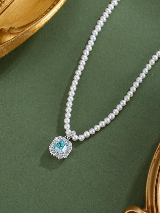 子佩集【素蓝方糖‌】银S925珍珠惜王妃项链【ZZXL018】2.8mm珠蓝方块2601 商品图3