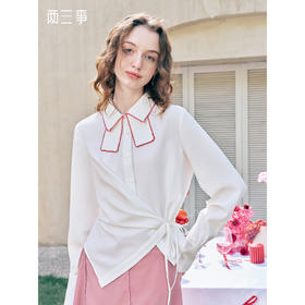 两三事轻风叙写2026春季新款甜美蝴蝶结绣边翻领绑带白衬衫女