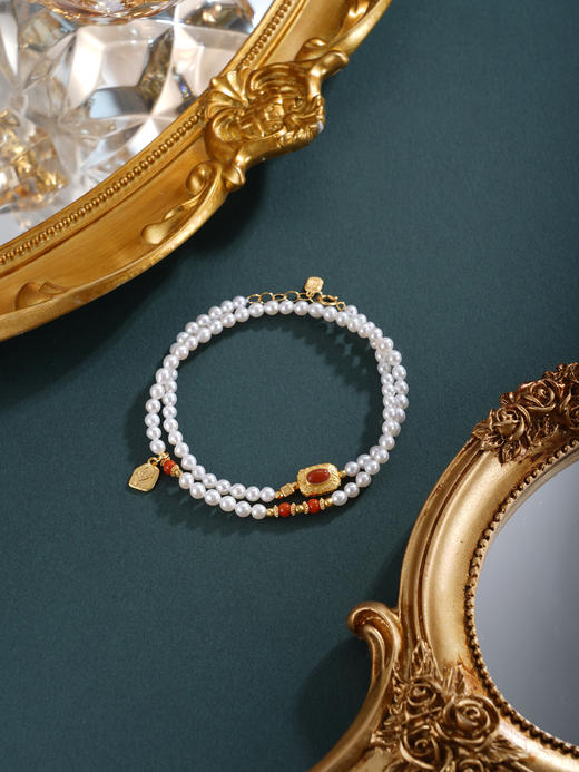 子佩集【福蕴长华】银S925珍珠惜王妃手链【QNS0007】3mm珠镀金南红方块2601 商品图10