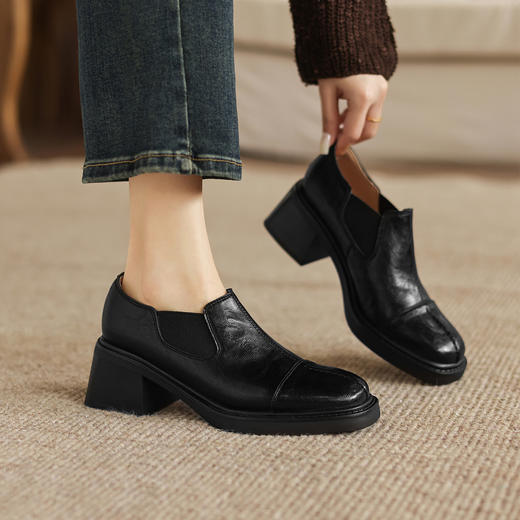 阿么手工女鞋复古粗跟一脚蹬真皮乐福鞋春季女款百搭新款单鞋6CM 商品图2