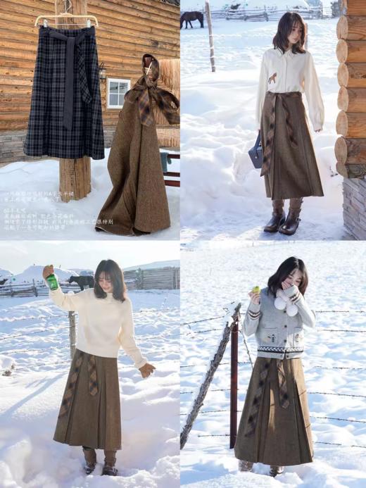 浮生八记/25D287/羊毛呢咖色灰蓝格纹手工捏褶打条百褶长半裙 商品图3