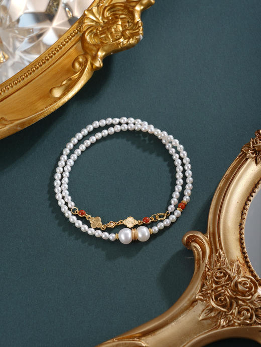 子佩集【幸运礼赞】银S925珍珠惜王妃手链【QNS0011】3mm珠镀金南红四叶草2601 商品图4