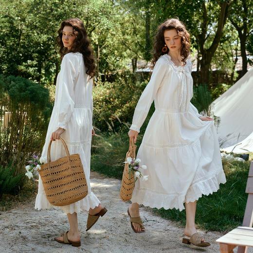 法式刺绣镂空花边领系带长袖连衣裙女春季休闲宽松显瘦白色长裙 商品图2