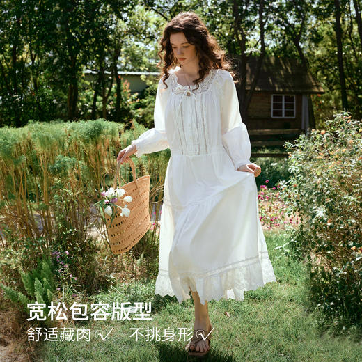 法式刺绣镂空花边领系带长袖连衣裙女春季休闲宽松显瘦白色长裙 商品图1