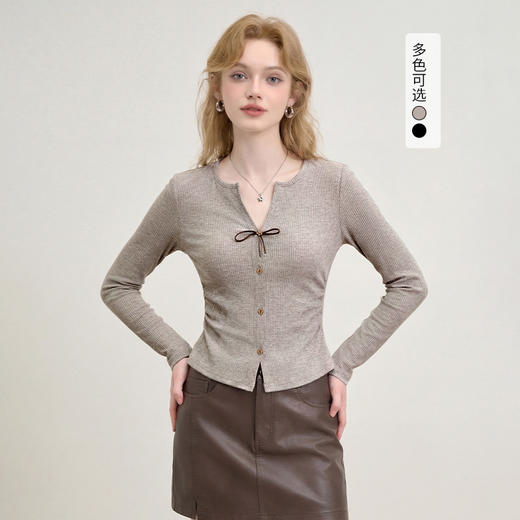 西遇蝴蝶结针织长袖T恤女2026年春季新款韩系v领修身内搭短款上衣E0060058 商品图0