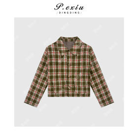 04-6潘依绣丁丁宠粉韩系松弛撞色格纹翻领长袖外套Q31644