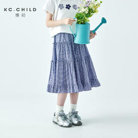 棵初2026年春季新款亲子中大女童深蓝格纹复古半裙宽松好搭A字裙