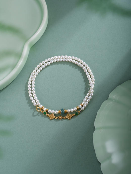 子佩集【四叶韶华】银S925珍珠惜王妃手链【QNS0013】3mm珠镀金碧玉四叶草2601 商品图4