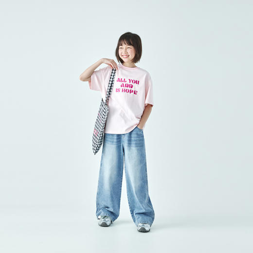 白色预售3.30发 棵初26年春季新款亲子中大女童字母印花短袖T恤纯棉轻薄宽松上衣 商品图1