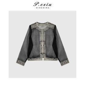 04-6潘依绣丁丁宠粉100桑蚕丝气质重工刺绣撞色网纱外套Q9885