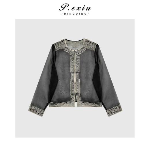 04-6潘依绣丁丁宠粉100桑蚕丝气质重工刺绣撞色网纱外套Q9885 商品图0