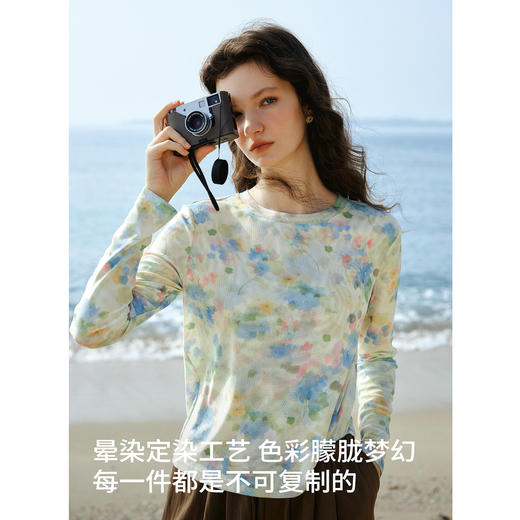 OLrain欧芮儿2026新款女春浪漫度假定染印花网纱长袖T恤圆领上衣 商品图0