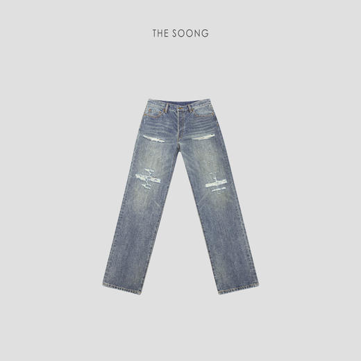 THESOONG|"破洞牛仔"经典洗水手工破洞做旧直筒微喇牛仔裤HBNZ7427 商品图13