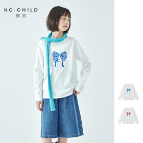 棵初26年春季新款亲子中大女童蝴蝶结印花长袖T恤小清新纯棉上衣