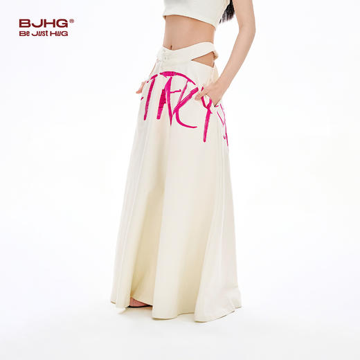 FTT FlyTheTruth 长款高腰半身裙女春季气质潮流粉色字母印花伞裙 商品图2