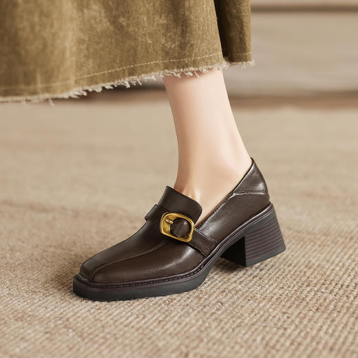 阿么手工女鞋纯色粗跟春季乐福鞋洋气一脚蹬软底真皮方头单鞋6CM 商品图4