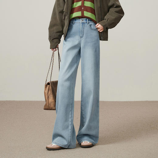 【浅蓝色-加绒-阔腿】逸阳冬加绒加厚抗寒保暖宽松直筒牛仔长裤7329 商品图3
