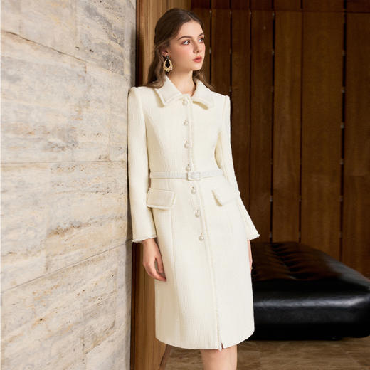 IWY/小香风米白色羊毛连衣裙女收腰排扣高级感气质通勤职业装25Q907 商品图2