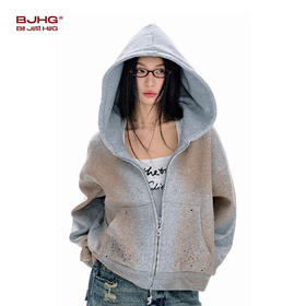 FTT Flythetruth 连帽卫衣女款春做旧复古烫火钻美式拉链外套上衣