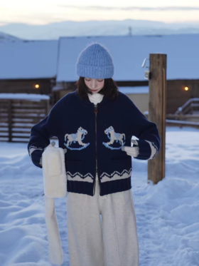 浮生八记/25D278/“雪地马戏团”青果领费尔岛手工提花毛衣开衫