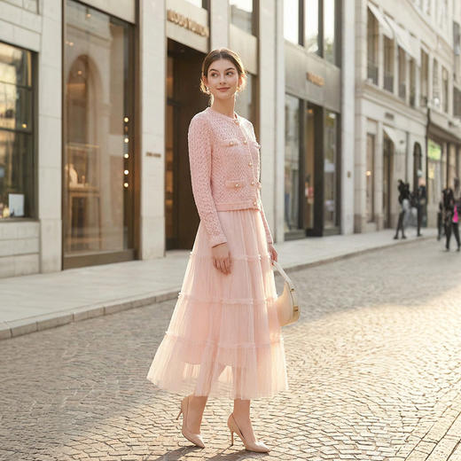 「自」全新升级【铂金会员514/天猫699/差价185】(99343)洛诗琳2026春季法式高级感小香风开衫高腰网纱半身裙两件套 商品图2