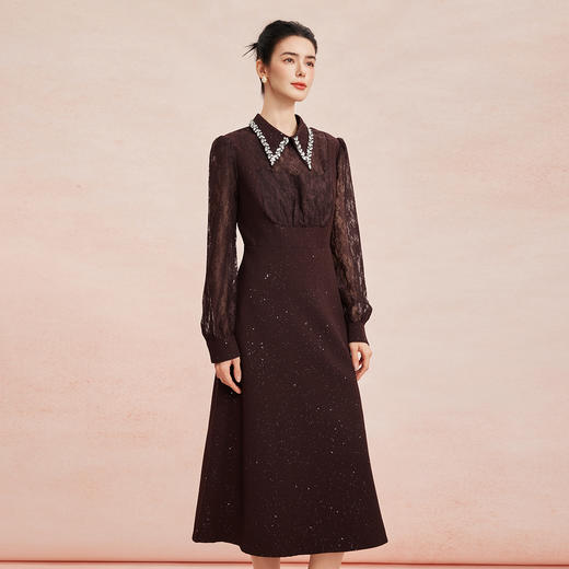 RE813斯尔丽26新款法式复古蕾丝拼接修身装饰性领子高级小礼服连衣裙 商品图2