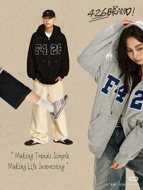 F426* 纯元，胸前经典徽标字母logo贴布刺绣，男女同款，内里摇粒绒 宽松 保暖 抓绒 拉链帽衫 厚外套～